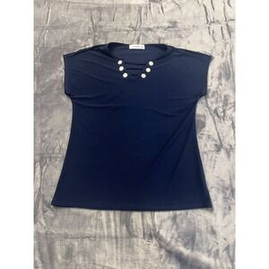 89th & Madison Blouse Top Womens Small Petite Blue Stretch Split Neck Cap Sleeve